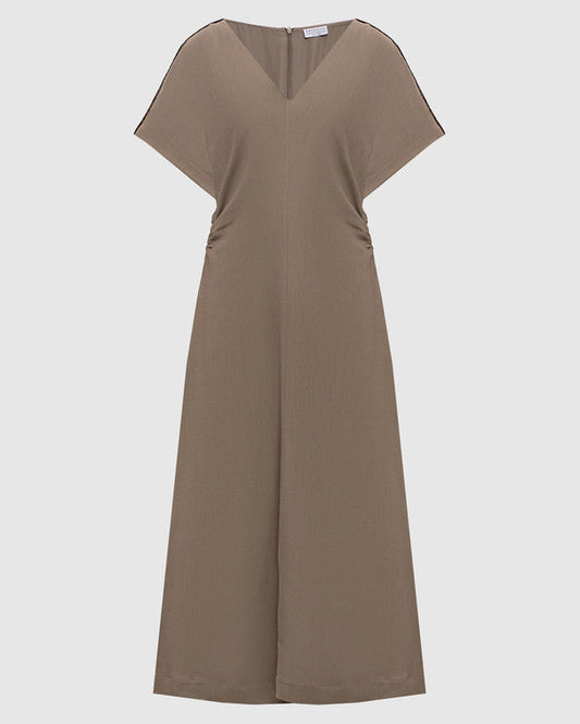 Linen Twill VNeck Shirt Dress with Shoulder Monili Piping in Cool Brown
