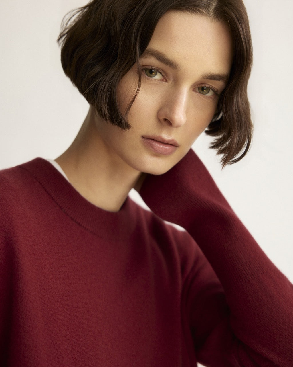 Warren Berry Crewneck sweater in deep burgundy red, smooth knit fabric