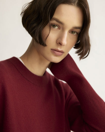 Warren Berry Crewneck sweater in deep burgundy red, smooth knit fabric