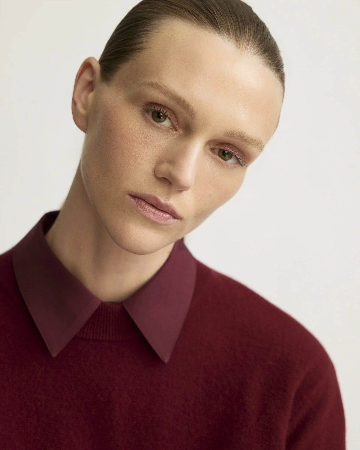 Warren berry crewneck sweater with contrast collar layered over matching shirt