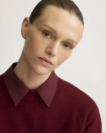 Warren berry crewneck sweater with contrast collar layered over matching shirt