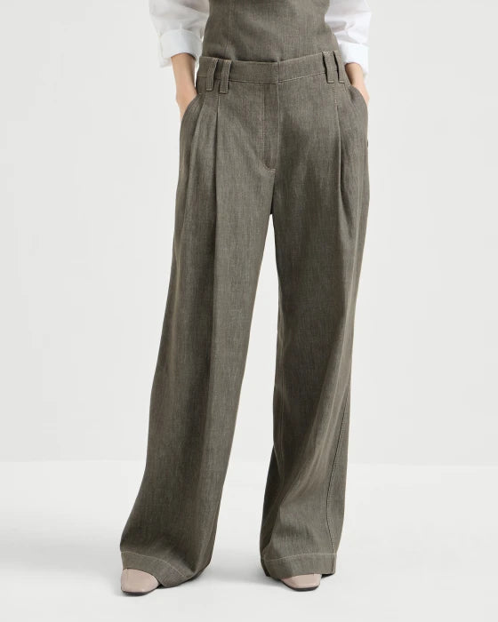 Denim Effect Linen Casual Wide Leg Jean in Olive