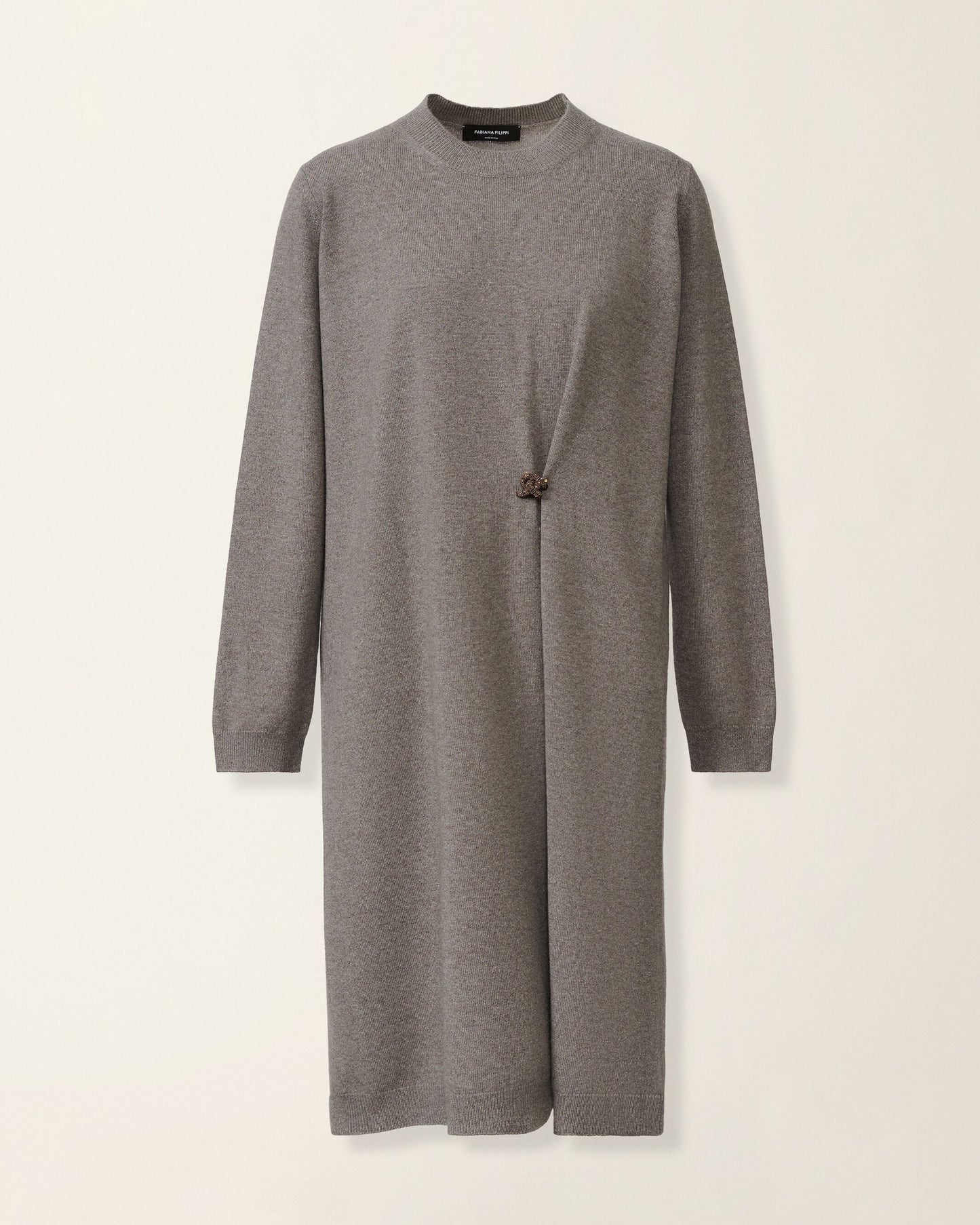 Fabiana Filippi gray knit midi dress with long sleeves and jewel knot detail