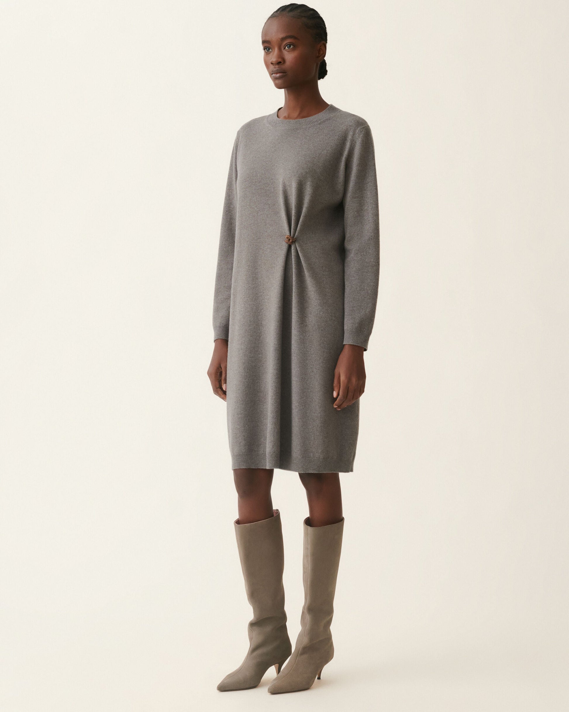 Falcon grey knit midi sweater dress with ring detail and long sleeves