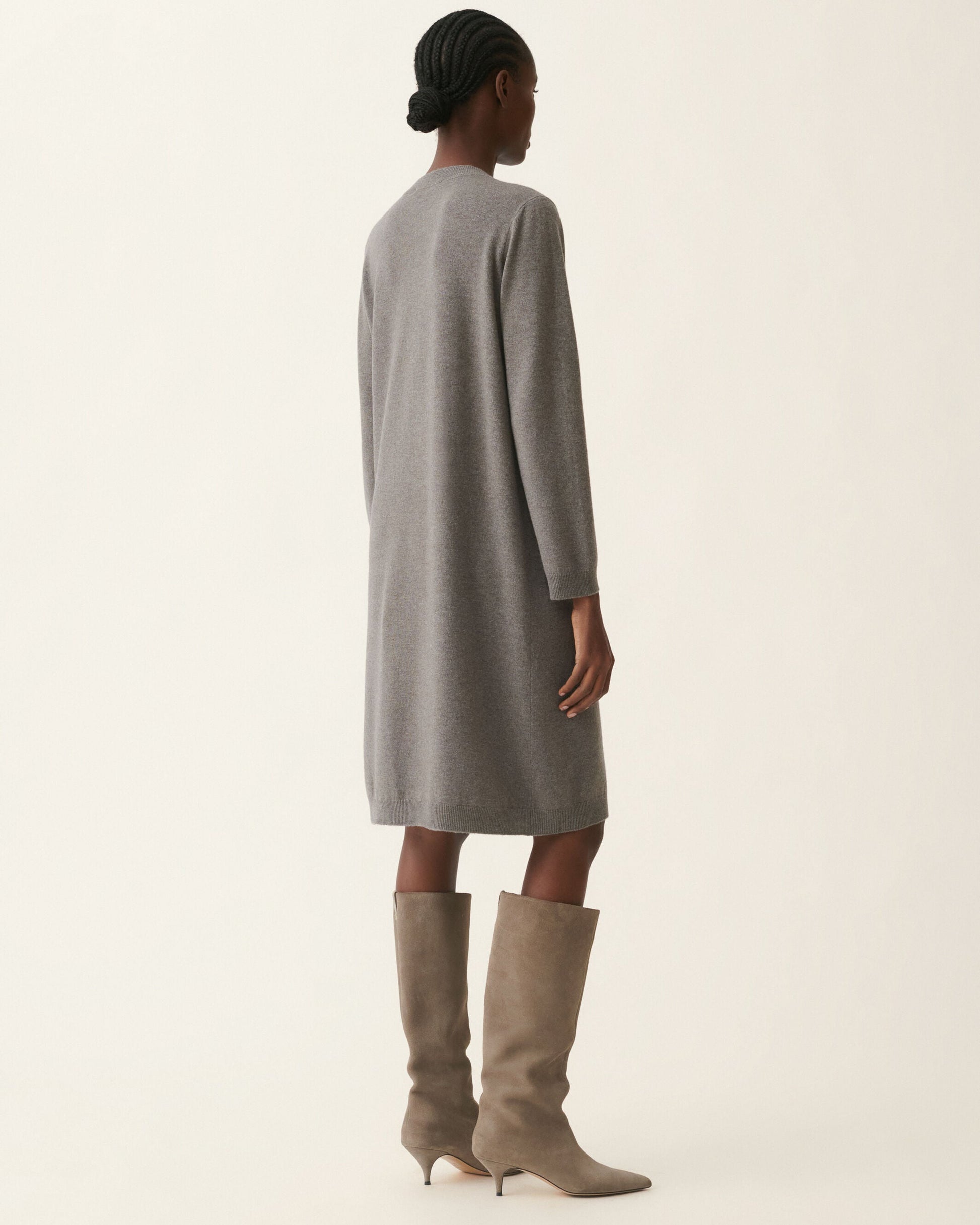 Falcon gray knit midi sweater dress with long sleeves, worn with taupe knee-high boots