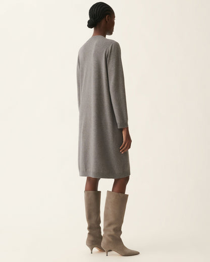 Falcon gray knit midi sweater dress with long sleeves, worn with taupe knee-high boots