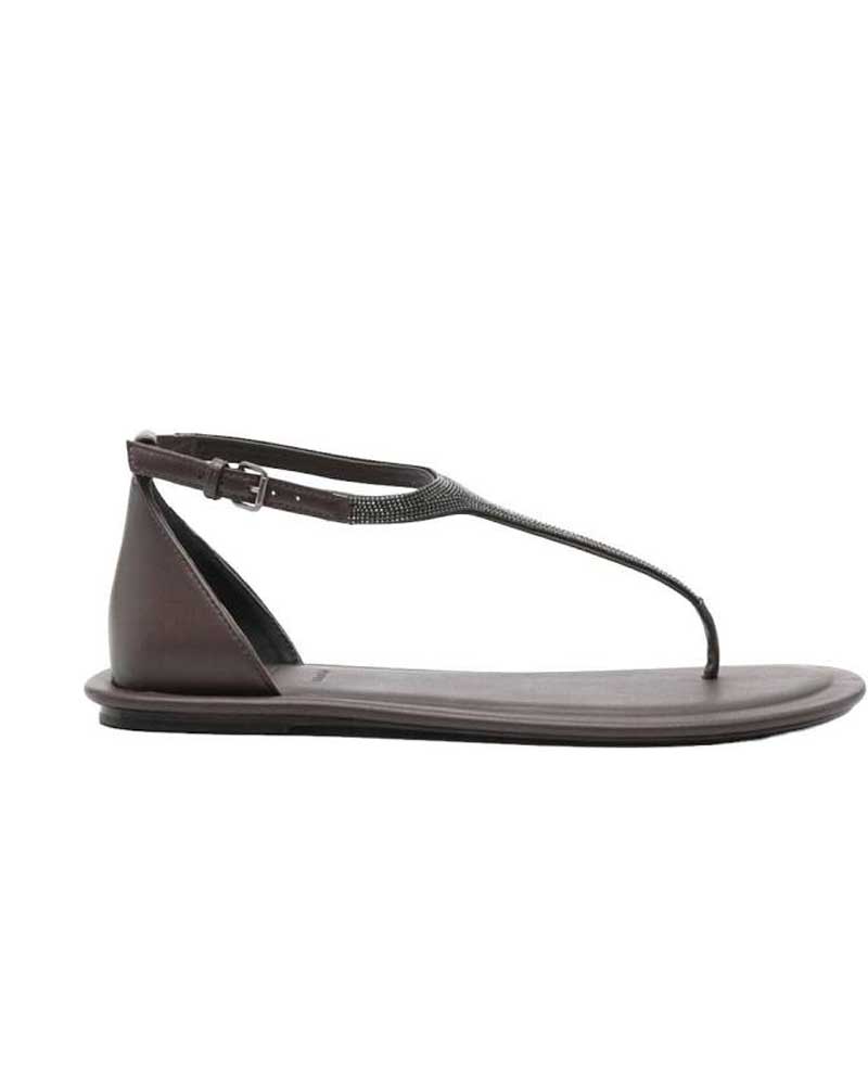 Beaded Leather T-strap Sandals in Dark Brown