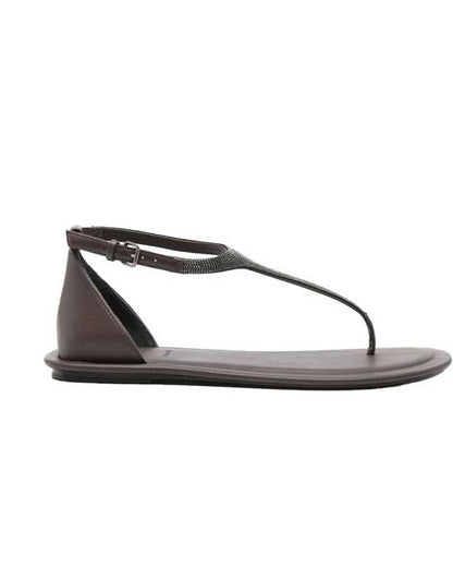 Beaded Leather T-strap Sandals in Dark Brown