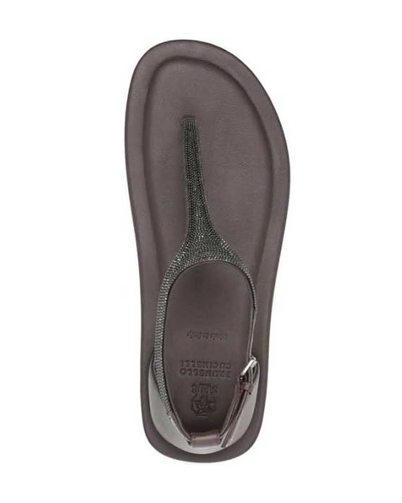 Beaded Leather T-strap Sandals in Dark Brown