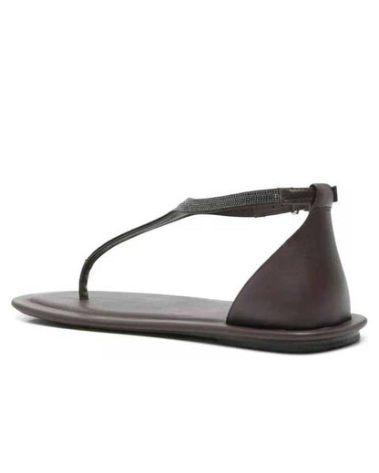 Beaded Leather T-strap Sandals in Dark Brown