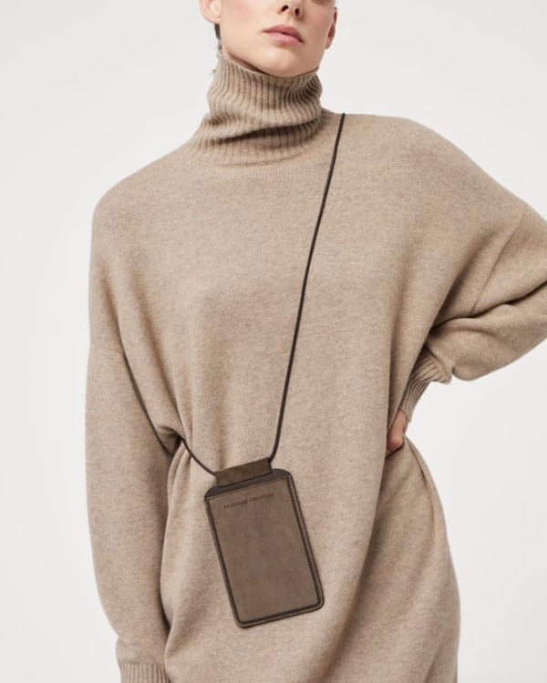Suede Phone Bag with Monili Trim in Light Taupe
