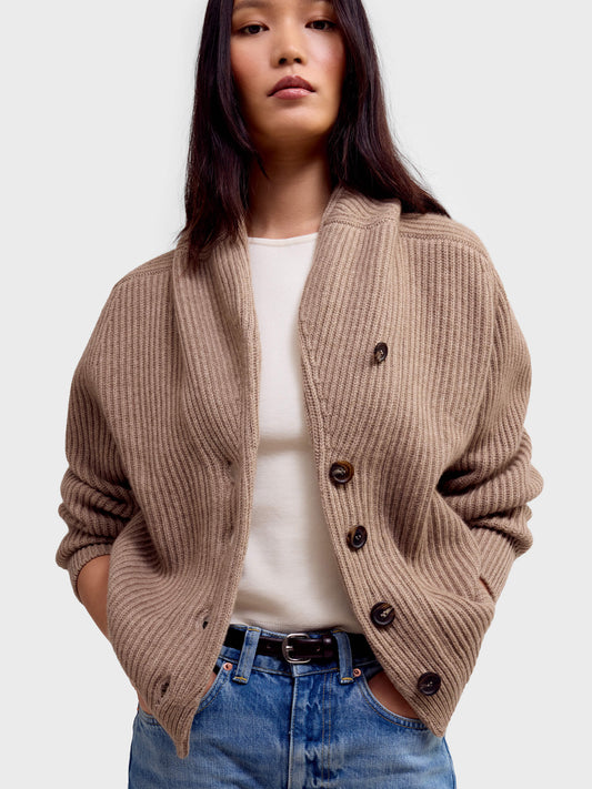 Model wearing Begg x Co Mini Yacht Cardigan in Brown Undyed with jeans