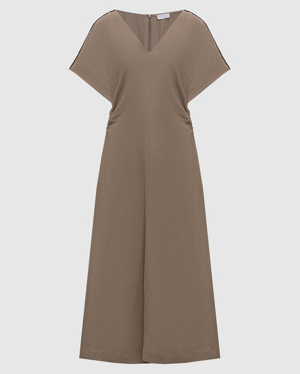 Linen Twill VNeck Shirt Dress with Shoulder Monili Piping in Cool Brow – Sigi's Boutique