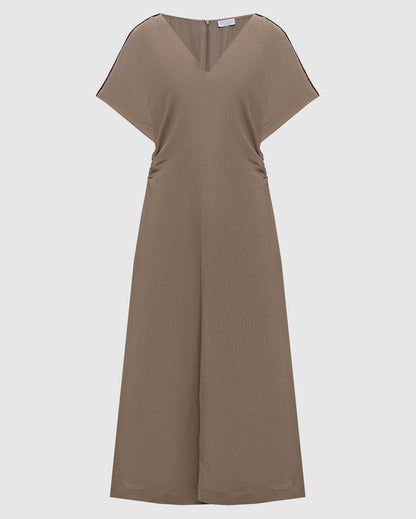 Brunello Cucinelli Linen Twill VNeck Shirt Dress with Shoulder Monili Piping in Cool Brown