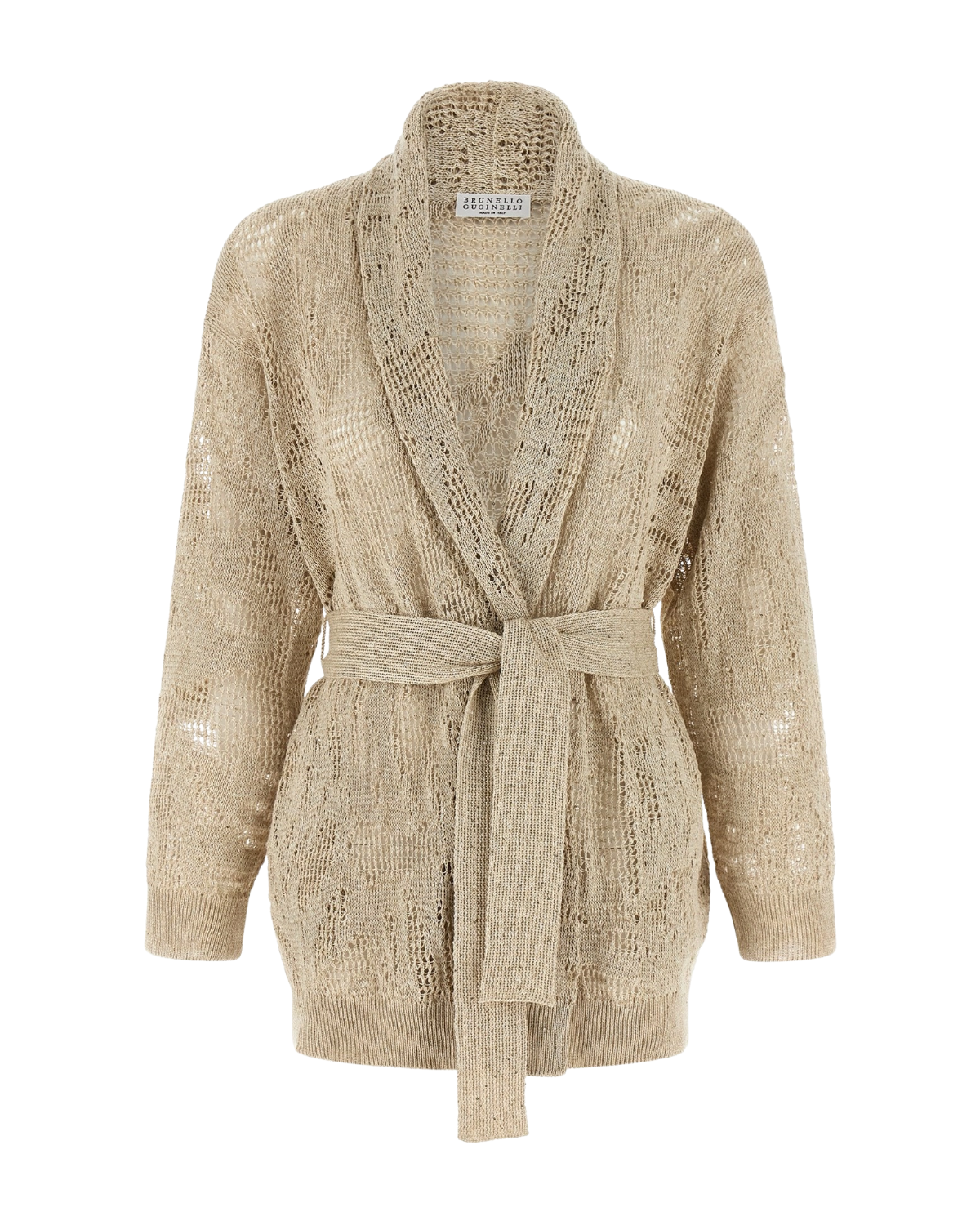 Brunello cucinelli Linen Cotton Pailette Water Leaves Embroidered Shawl Collar Cardigan in Beige