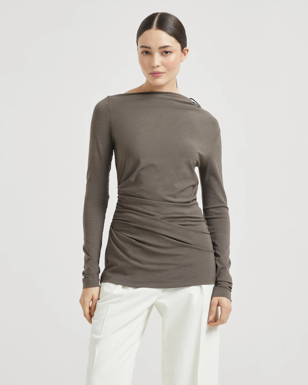 Brunello cucinelli Ruched T-Shirt with Monili in Mud