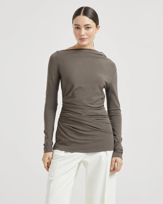 Brunello cucinelli Ruched T-Shirt with Monili in Mud