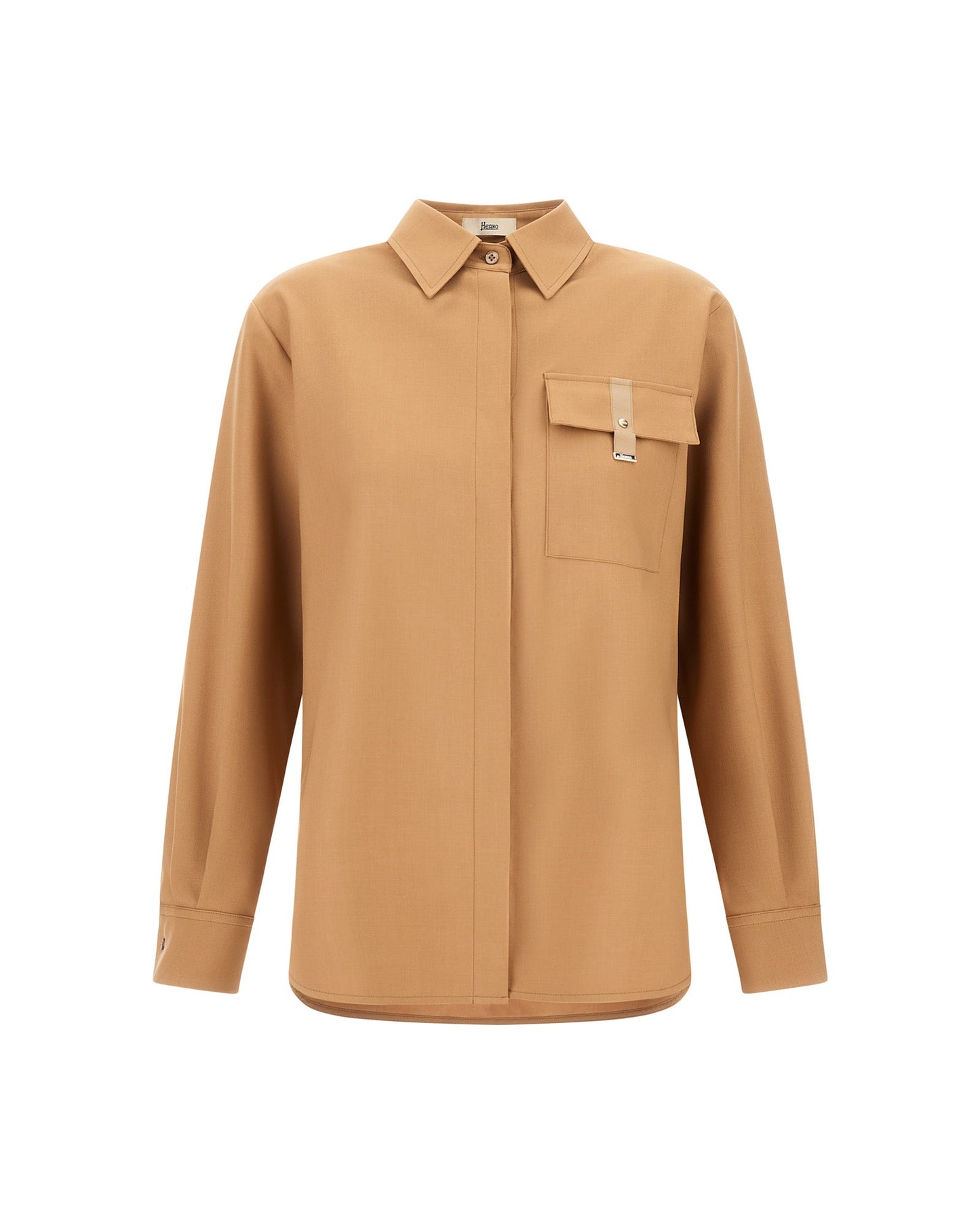 Herno camel fluid woolen shirt with concealed placket and leather-trim chest pocket