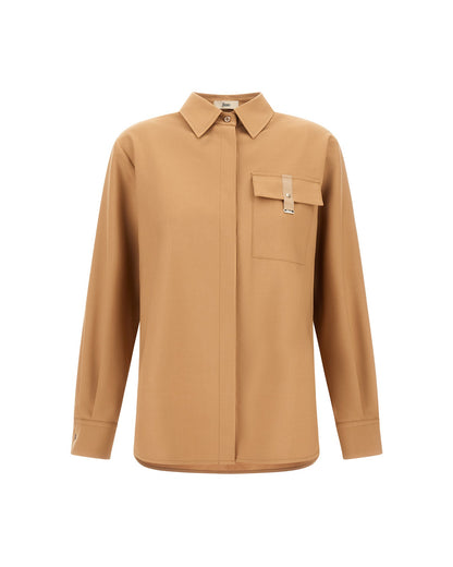 Herno camel fluid woolen shirt with concealed placket and leather-trim chest pocket