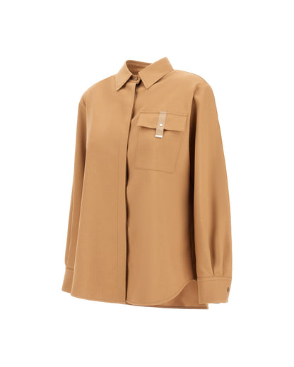 Herno camel wool oversized shirt with chest flap pocket and leather tab detail