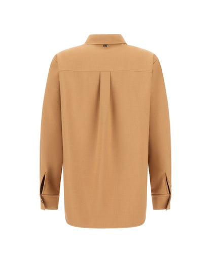 Herno camel fluid woolen shirt back view with collar, long sleeves, and center pleat