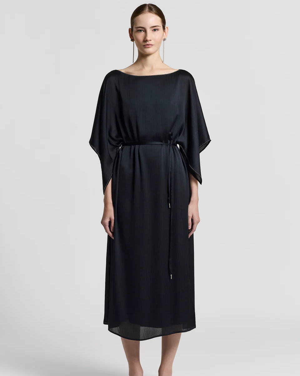 Fluid Crepon Satin Dress in Night Blue