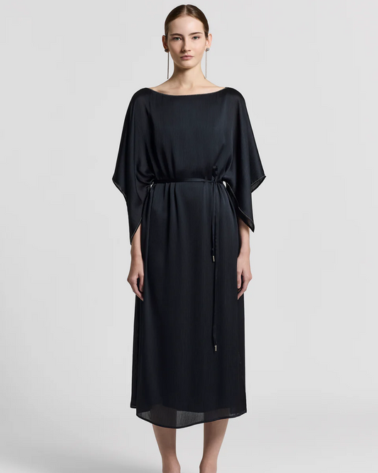 Fluid Crepon Satin Dress in Night Blue