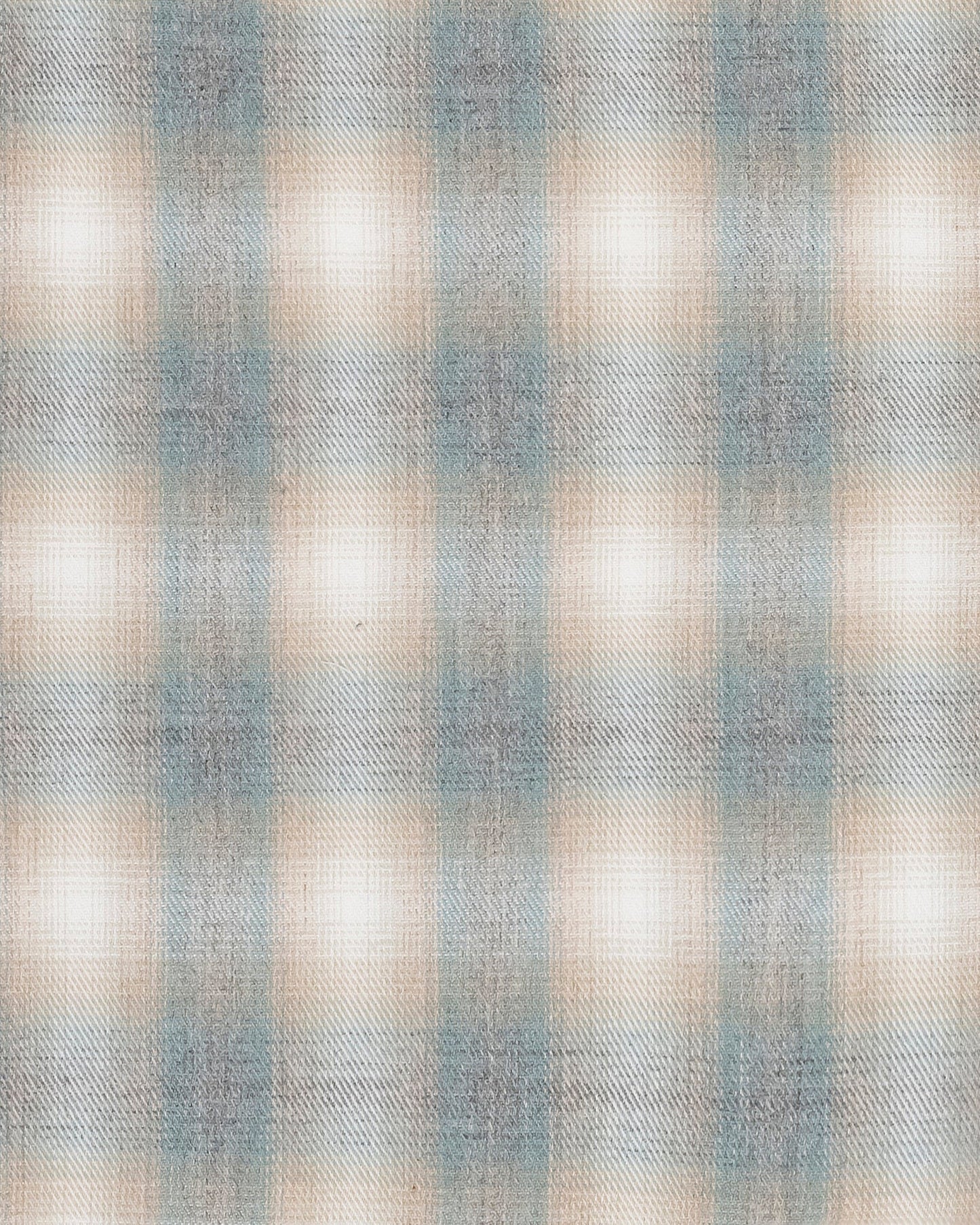 Soft plaid fabric swatch in muted blue, beige, and white tones
