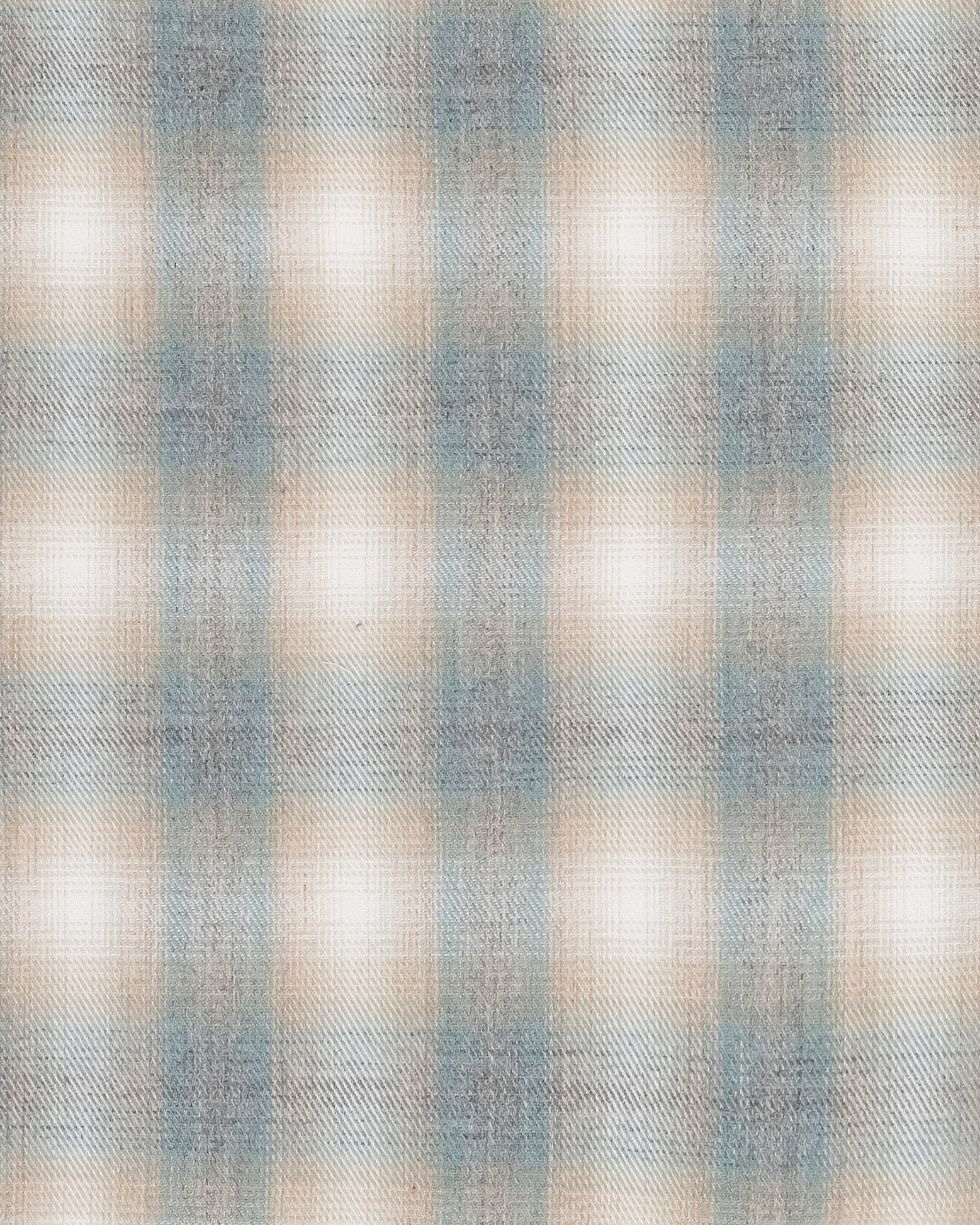 Soft plaid fabric swatch in muted blue, beige, and white tones