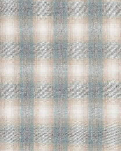 Soft plaid fabric swatch in muted blue, beige, and white tones