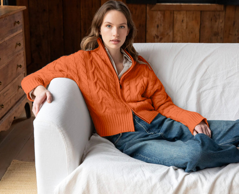 Luxe Cable Zip Cardigan in Brandy