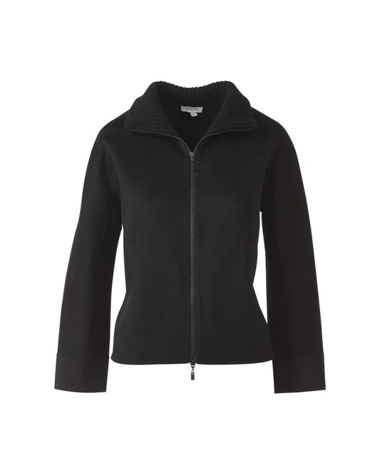 Short Knit Trim Zip Mock Coat in Black
