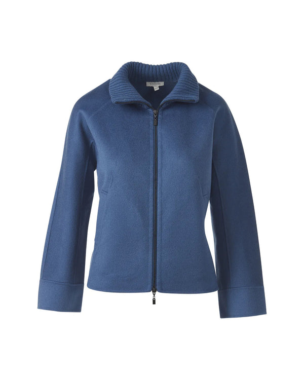 Short Knit Trim Zip Mock Coat in Sapphire