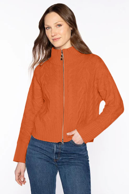 Luxe Cable Zip Cardigan in Brandy