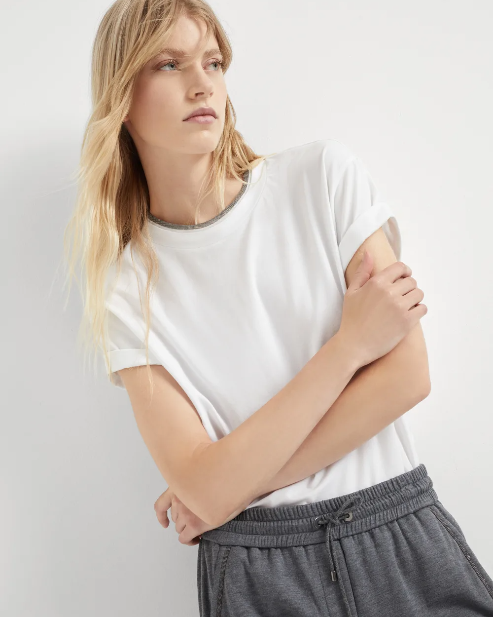 T-Shirt with Monili Faux Layer in White