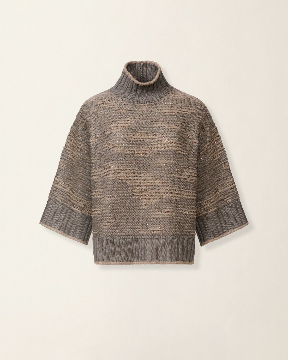 Taupe gray turtleneck sweater with sequin open-knit texture and wide cuffed sleeves