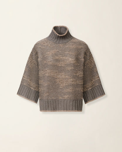 Taupe gray turtleneck sweater with sequin open-knit texture and wide cuffed sleeves
