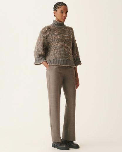 Cropped taupe sequin mockneck sweater with three-quarter sleeves and ribbed hem