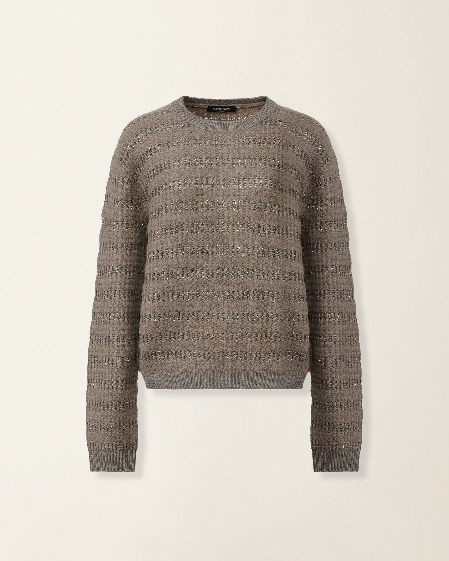 Taupe gray mohair crewneck sweater with shimmer sequin horizontal stripes