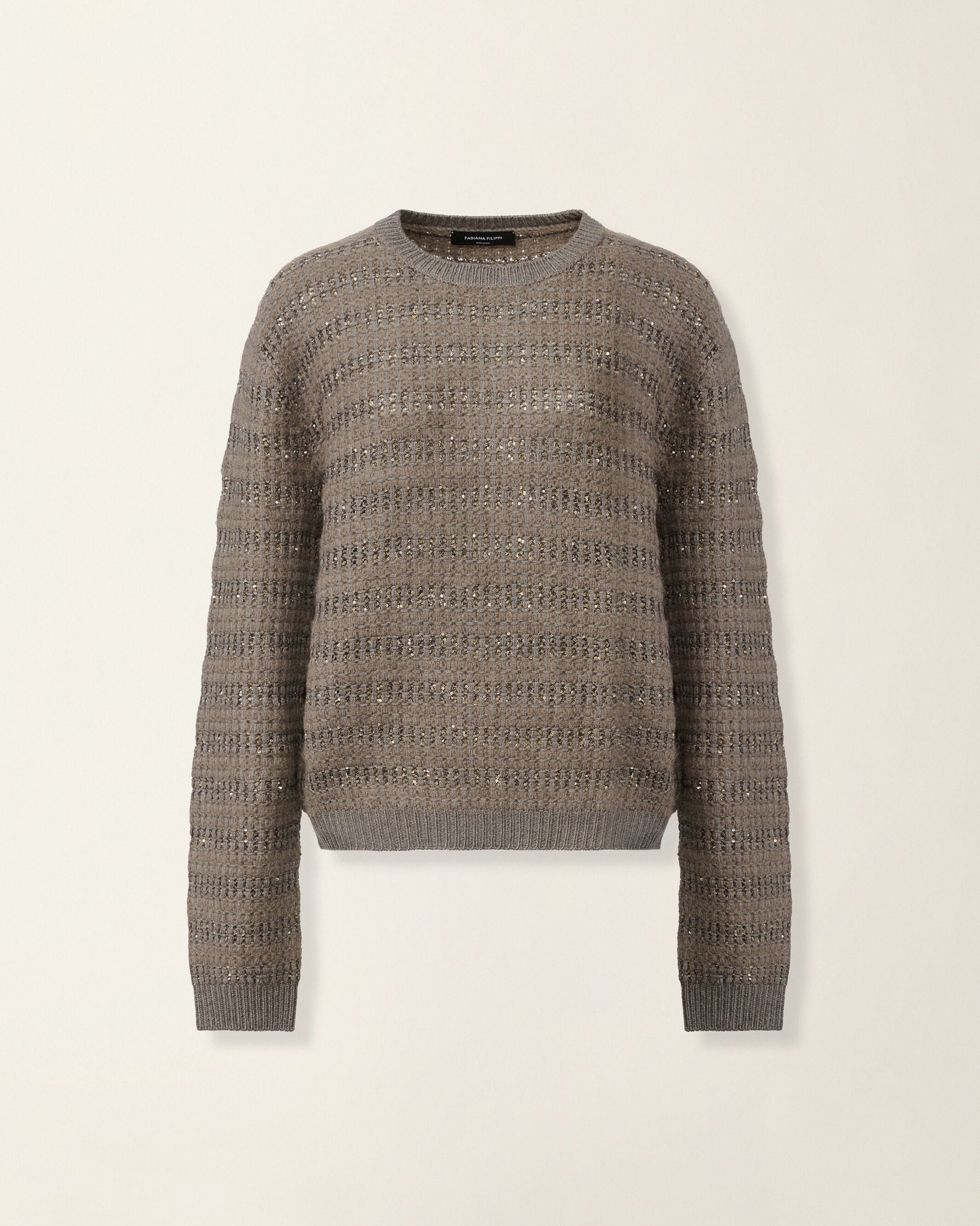 Taupe gray mohair crewneck sweater with shimmer sequin horizontal stripes