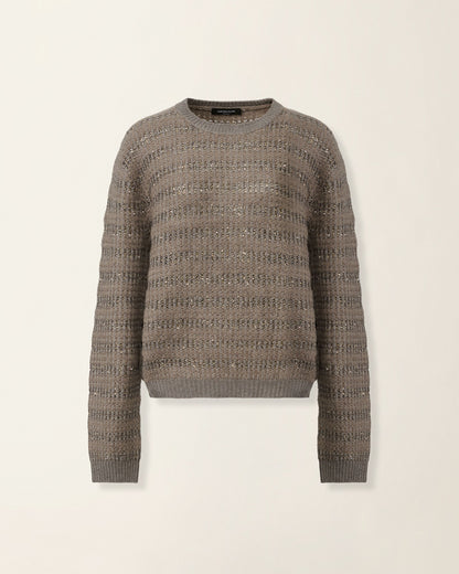 Taupe gray mohair crewneck sweater with shimmer sequin horizontal stripes