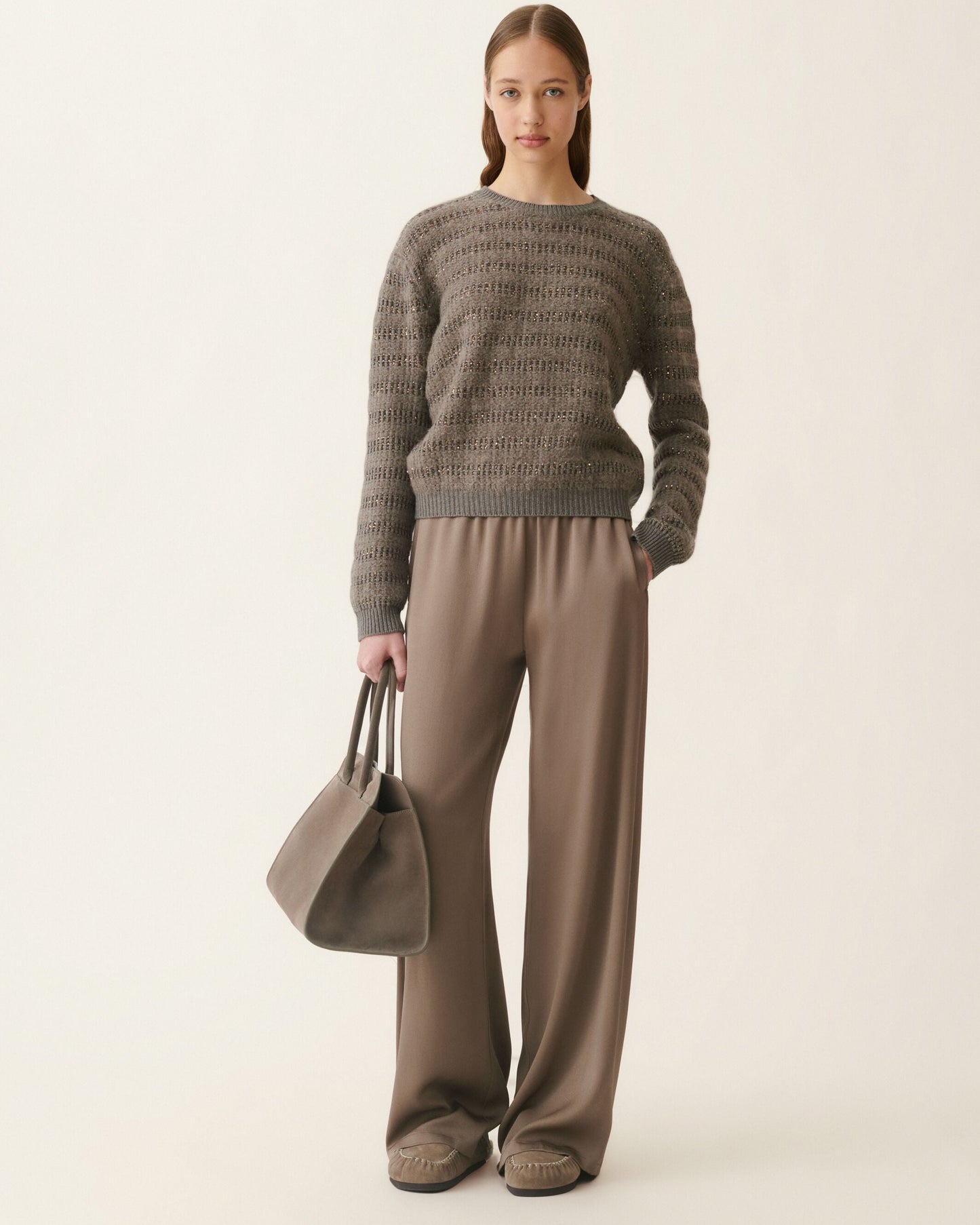 Gray mohair crewneck sweater with sequin stripe texture and ribbed cuffs