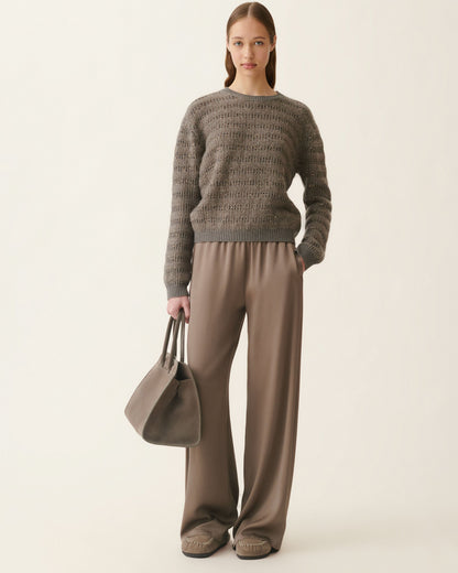 Gray mohair crewneck sweater with sequin stripe texture and ribbed cuffs