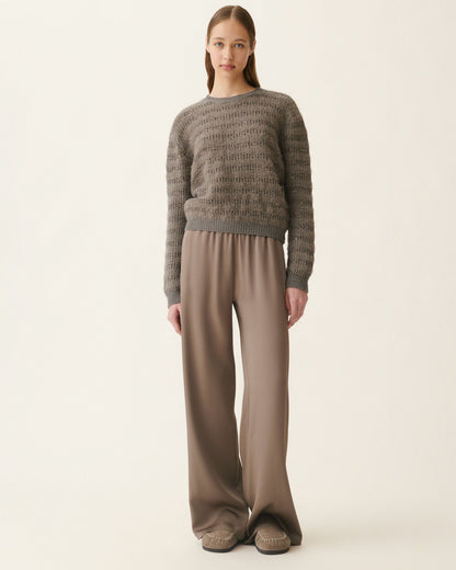Cropped grey mohair sweater with sequin stripes, open-knit texture, crew neck