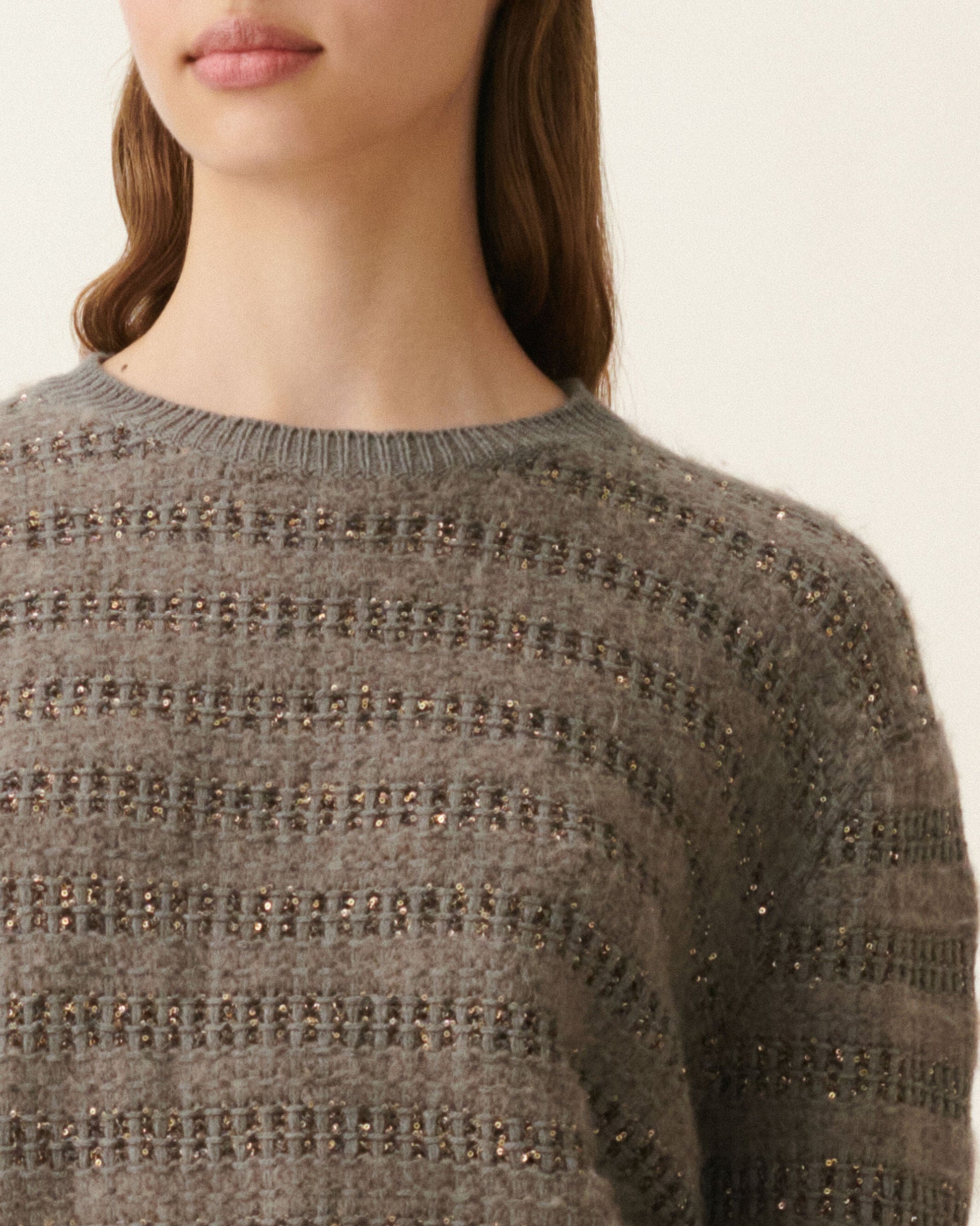 Gray mohair crewneck sweater with horizontal gold sequin stripe detailing