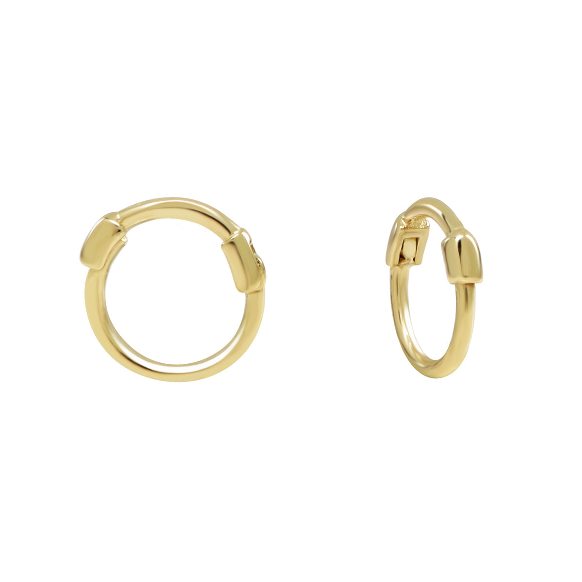 Two small gold thin huggie hoop earrings displayed on white background
