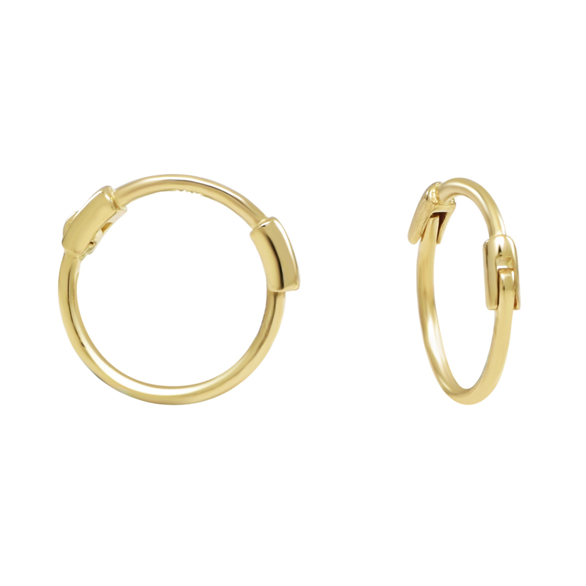 Two small gold thin huggie hoop earrings displayed on white background