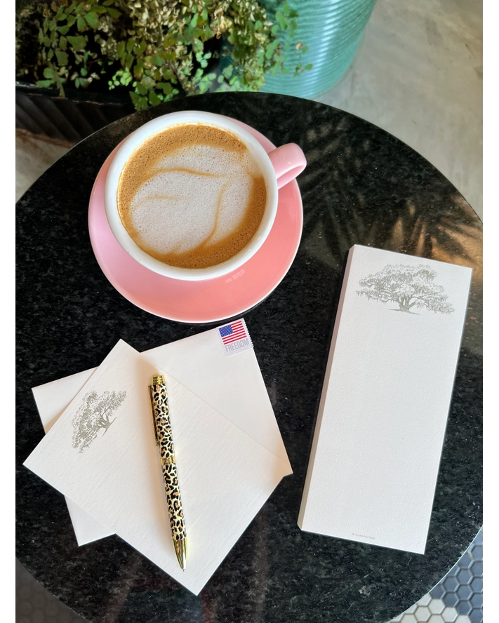 Alexa Pulitzer Oak Long Pad notepad with envelopes, leopard pen, and pink coffee cup.