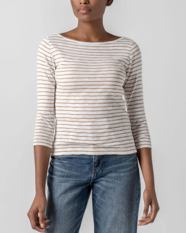 Striped 3/4 Sleeve Boatneck in Teak Stripe