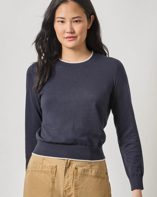 Picot Edge Crewneck Sweater in Navy
